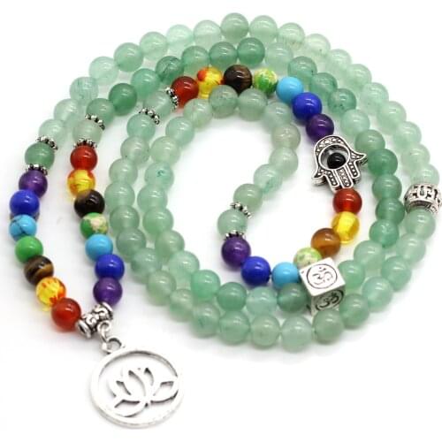 Trendy-beads Silver Plated Lotus Flower Connect 6 mm Green Aventurine Round Beads Healing Chakra Bracelet Fatima Palm Jewelry
