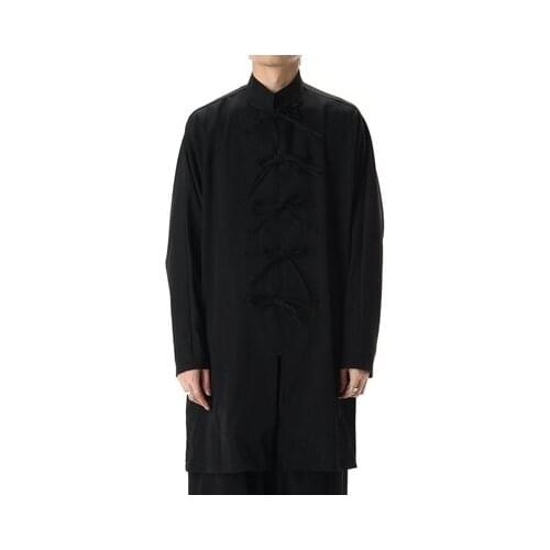 New Trend Dark Mens shirts dark black plate buckle medium-length Chinese style