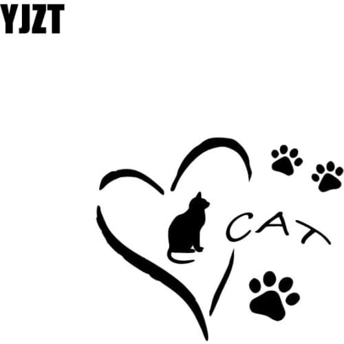 YJZT 14.3CM*11.8CM Cat Decal Vinyl Car Sticker Love Heart Paw Prints Cute Kitten Black Silver C10-02352