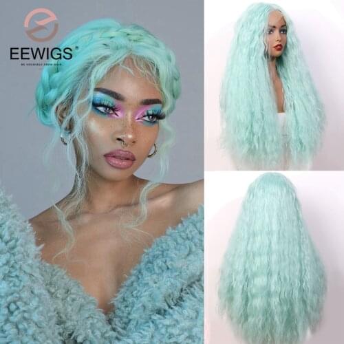 EEWIGS Curly Synthetic Lace Front Wig High Temperature Mint Green Wig with Baby Hair 180% Density Pink Wigs For Black Women