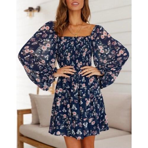 IMCUTE Bohemian Floral Print Ruffled Hem Dress Womens Fashion Square Collar Long Sleeve Lace-up Sun Dress Waist Slim Mini Skirt
