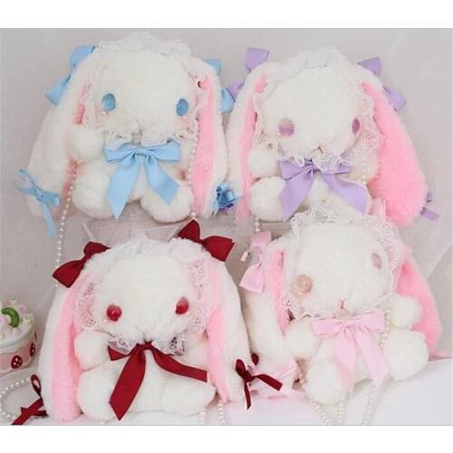Handmade Plush Rabbit Handbag Cosplay Cute Rabbit Lolita Long Ear Furry Bags With Pearl Chain B1517