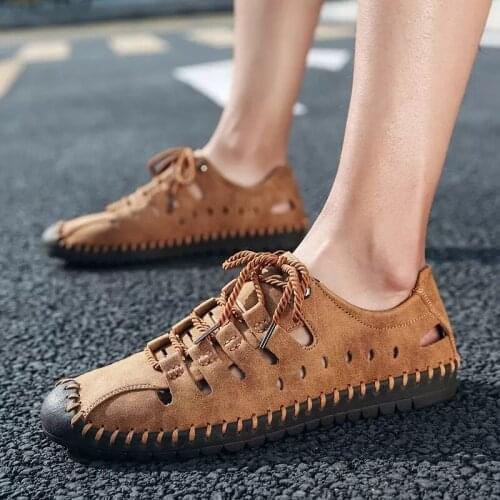 Mens Summer Sandals Leather Wrap Cut Out Lace Up Flat Bottom Casual Sandals Soft Bottom Anti Slip Breathable Beach Shoes