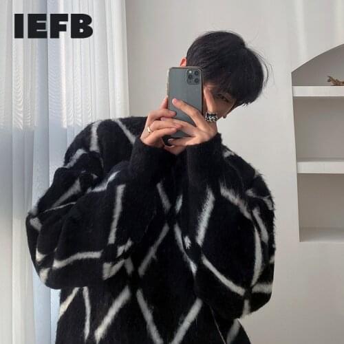 IEFB Plush plaid sweater mens autumn winter Korean fashion loose vintage kintwear thickened pullogers tops round collar 9Y4553