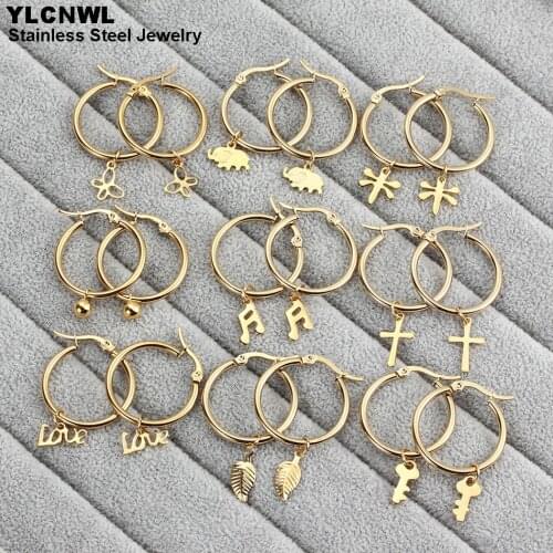 New Fashion Stainless Steel Gold Drop Dangle Earrings For Women 2021 Trend Cute Jewelry Cross Butterfly Bead Leaf Love Parts
