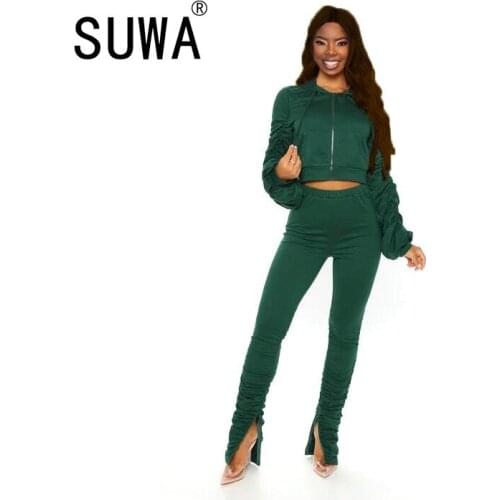 2020 New Product Casual Two Piece Outfits For Women Tunic Puff Stacked Sleeve Pullover Top High Waist Flare Pants Matching Sets