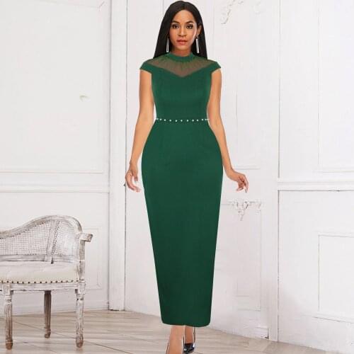Women Long Maxi Dresses Sleeveless Mesh Patchwork Beading Party Dresses Women Evening Elegant Waist Belt Bodycon Dress Plus Size