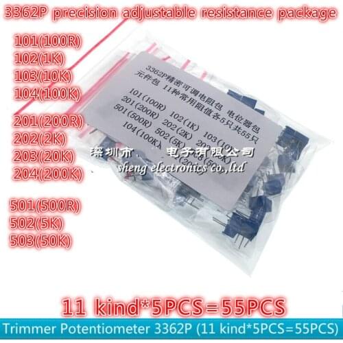 11kinds*5PCS=55pcs Potentiometers Precision Adjustable Resistance package 3362P-1-101 3362P-1-102 3362P-1-103 3362P-1-104