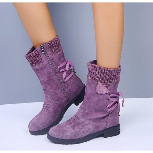 2020 Women Winter Mid-Calf Boots Suede Vintage Shoes Ladies Fashion Snow Boots Knitting Cross Shoes Thigh High Suede Warm Botas