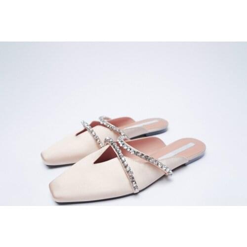 2021 Summer Flats Slippers Bling Rhinestone Square Toe Mules Slipper Flat With Shoes Tide Wild Half Slides Elegant Silk Sandalia