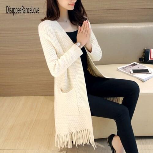 2020 Girl Casual Long Knitted Cardigan sweater Autumn Korean Women Loose Solid Color Pocket Design Sweater Jacket Pink Black