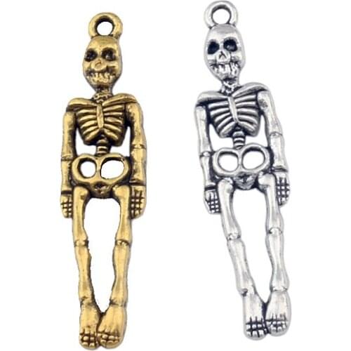 50pcs Zinc Alloy Skeleton Man Skull Beads 39x9mm Color Plated Pendants Craft Making Tibetan Jewelry Finding A-167