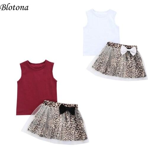 Blotona Fashion 2Pieces Kids Suit Set, Solid Color Round Neck Vest+ Leopard Print Short Skirt for Summer, 2-7 Years