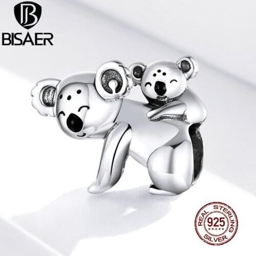 BISAER Koala Family Beads 925 Sterling Silver Animal Lovely Charms Fit DIY Bracelet For Women Necklace Pendant Jewelry EFC260