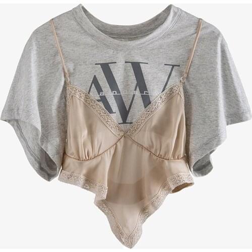 Elegant Patchwork T Shirt Women O Neck Short Sleeve Asymmetrical Hit Color Print Lace Up Irregular Hem T-shirts Female Tide