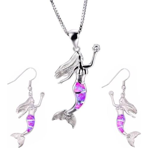 FYJS Unique Silver Plated Many Colors Opalite Opal Pendant Mermaid Shape Necklace Earrings for Women Jewelry Sets