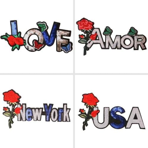 Fashion Alphabet Sticker Letter Sequin Flowers Patches For Clothes T-Shirt English Embroidery Badges On Backpack Sewing Stripes