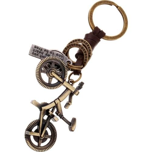 Fashion Vintage Alloy Bicycle Genuine Leather Keychain Hand Made Bag Buckle Pendant Key Chain Charm Car Keyring Jewelry FY034