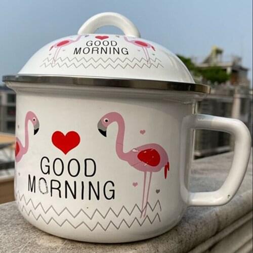 Cartoon enamel instant noodle bowl with lid with large rice bowl student dormitory canteen fast food cup easy to clean milk cup