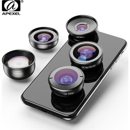 APEXEL 5in1 Mobile Phone Lens Case Kit Photography HD Fisheye Super Wide Angle 4K Macro Telescope Lens Set for Samsung iPhone