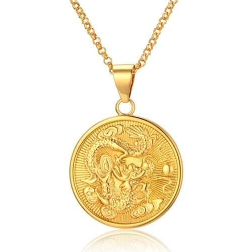 Dragon Pendant Necklace for Women Men 12 Zodiac Sign Constellation Gold Filled Womens Necklaces Round Shaped