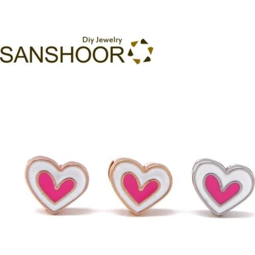 SANSHOOR Oil Drop Pink Heart Slide Charms Fit 8mm Wrap Leather Keeper Bracelet Mesh Armband For Toddler Childs Women Gifts 6Pcs