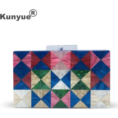Stylish New Colorful Pearl Plaid Acrylic Evening Bag Lady Geometric Patchwork Clutch Purse Bridal Wedding Party Prom Box Handbag