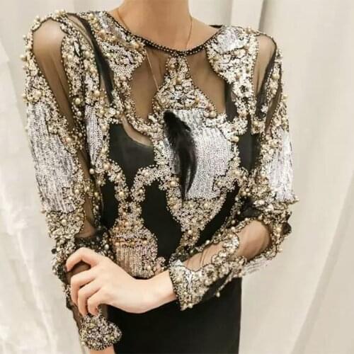 Sequin Blouse Womens Sequin Party Top Long Sleeve Glitter unic ops Shimmer Party Tunic T-Shirt Sparkle Tees