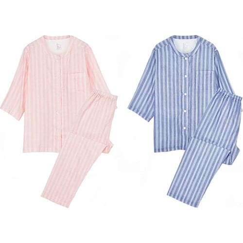 100% Cotton Double-Layer Yarn Pajamas Women Spring Autumn 3/4 Sleeve Trousers Home Service Set Striped Pyjama Femme Night Suit