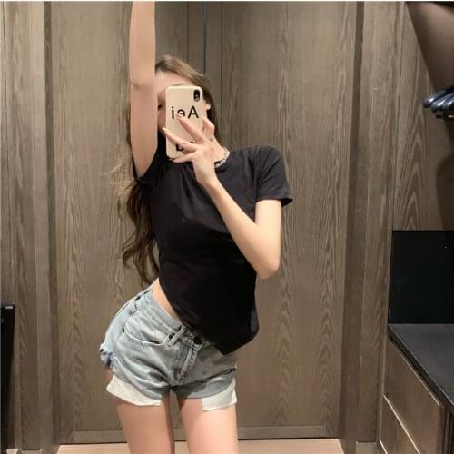 Summer Short irregular Tight Solid color O collar Women Short Sleeve T-shirt 2021 Korean Female Split fork Sexy Tshirt Tops
