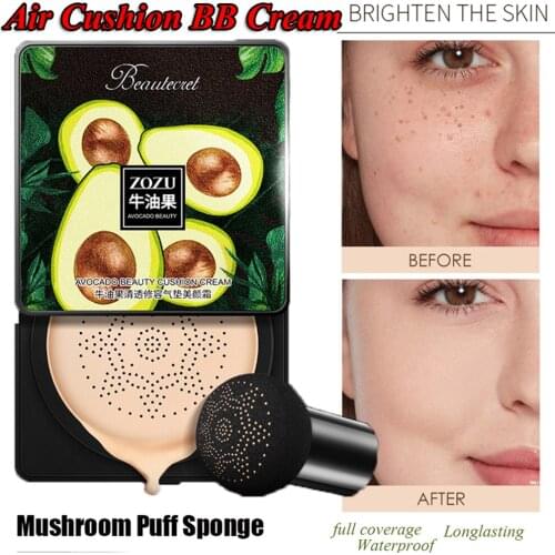 Women Waterproof Foundation Concealer Brightening With Mushroom Puff Sponge Face Makeup Air Cushion BB Cream Avocado