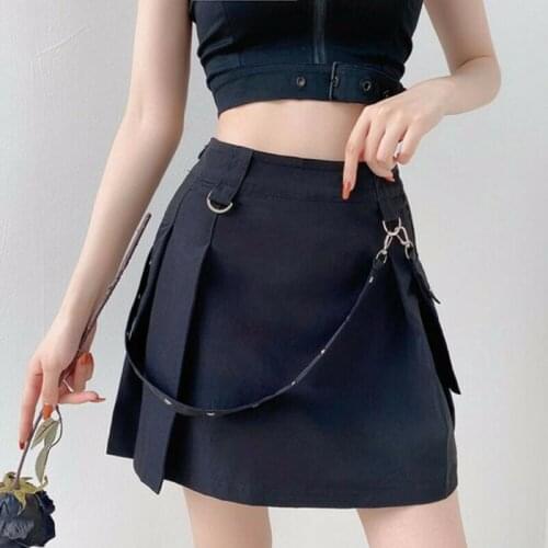Women Pleated Skirt Punk Gothic Black Short Skirt Pockets Strap Japanese