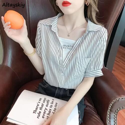 Women Shirts Striped Simple Chiffon Short Sleeve Leisure Korean Style Turn-down Collar Summer Trendy Loose Fit Ladies All-match