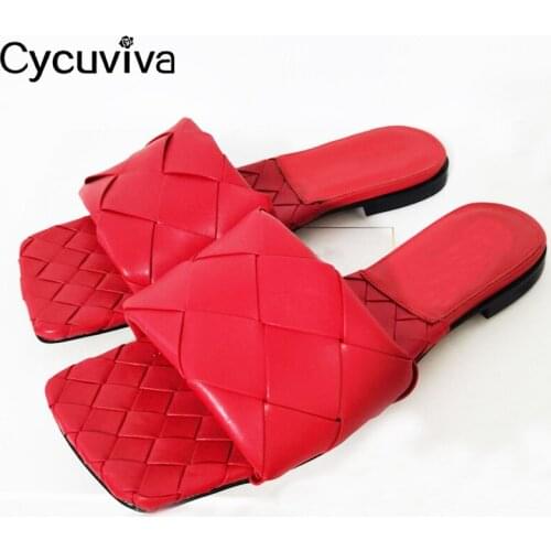 2020 Popular Weave Leather Flat Slippers Women Classic Square Toe Casual Beach Summer Shoes Woman Cozy Runway Slippers Femme