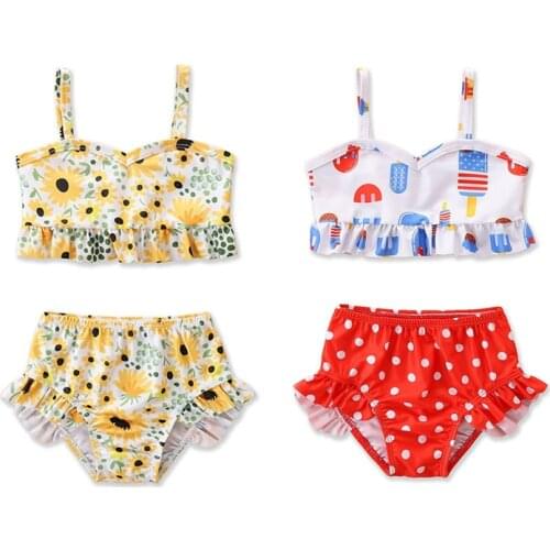 1-6 Years Infant Girls Swimsuit Sunflower Cartoon Print Ruffle Camisole Bikini Tops Swimming Bottoms Girls Swimming Suits