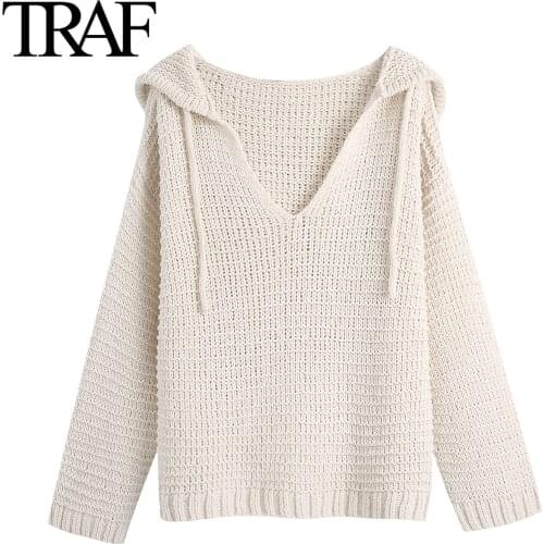 Traf Za Women Fashion 2021 Fall New Sweater Pullover V-neck Loose Lazy Hooded Knitted Tops