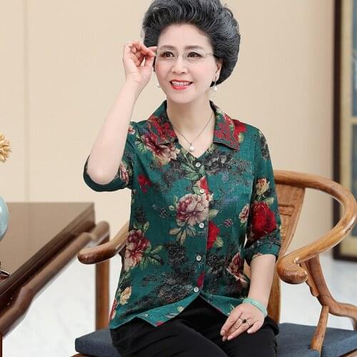 Women Silk Cardigan Summer Floral Printed Shirts Female Mother Silk Clothes Half Sleeve Free Shipping