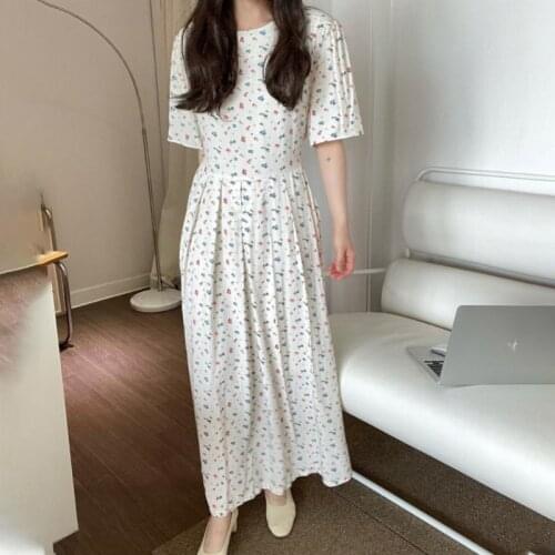 2021 Women Summer White Long Floral Pleated Dress Sashes Round Collar High Waist A-line Maxi Sundress