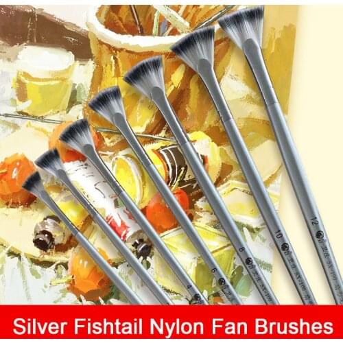 7pcs Silver Nylon Hair Long Wood Handle Fish Tail Fan Shape Artist Paint Brushes Set Professional Artist Watercolor Oil Acrylic