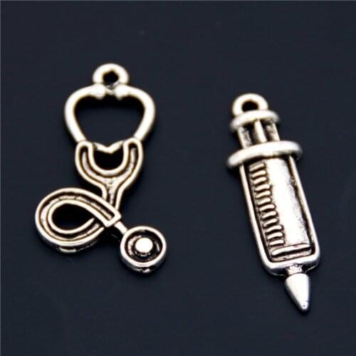 8pcs Silver Color Medical Stethoscope Syringe Charms Nurse Doctor Pendant DIY Jewelry Making
