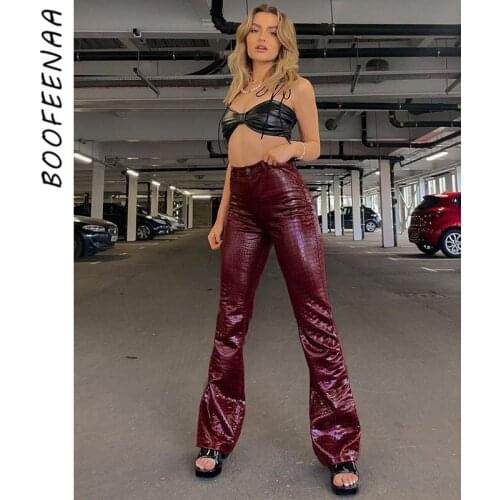 BOOFEENAA Crocodile Patterned PU Leather Pants Streetwear 2021 Fall Clothes for Women Vintage Trousers Sexy Flare Pants C66-FZ43