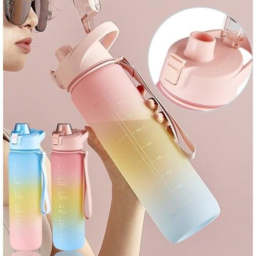 1000ml Water Bottle With Bounce Cover Straw Large Capacity Portable Outdoor Sport Cute Drinking Bottle with Time Scale Reminder
