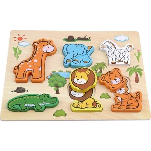 Baby Newbron Montessori Wooden Puzzle Toys Hand Grab Board Early Educational Toy Cartoon Animal Puzzle Kids
