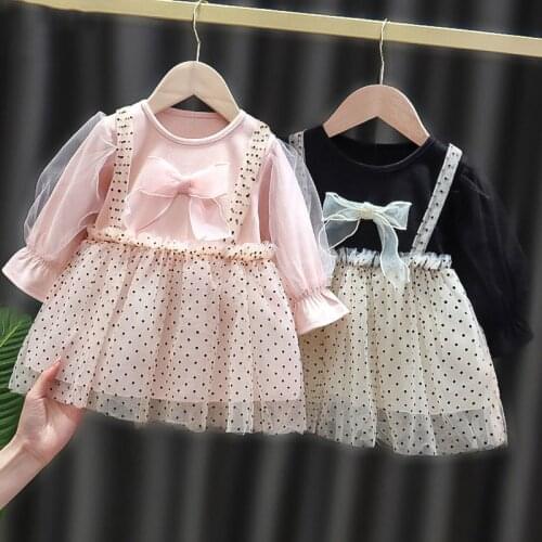 Baby Girls Dress New Cute Long Sleeve Polka Dot Printed Mesh Yarn Patchwork Princess Party Dress Spring Autumn Baby Clothes