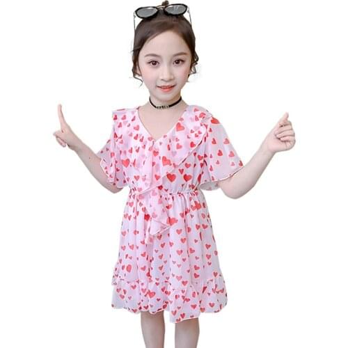 Dress For Girls Heart Pattern Girls Party Dress Kids Ruffles Kid Dress Summer Childrens Clothing 6 8 10 12 14