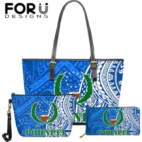 FORUDESIGNS 3 Pcs Pohnpei Samoan Tattoo Polynesian Tribe Printed Bag For Women Vintage Handbag Purse Set Pu Leather Shoulder Bag