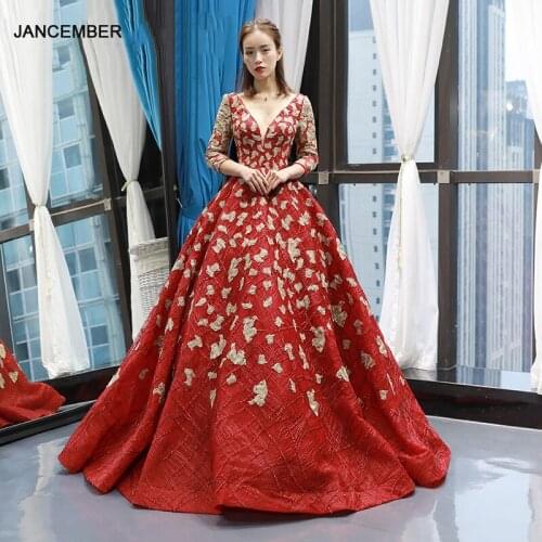 J66747 jancember red wedding party dresses V-neck three quarter sleeves floor length party dresses women evening elegant 2019