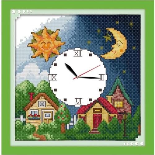 Joy Sunday Cross Stitch Kits DMC Counted Cross Stitch 11CT 14CT Day and Night Wall Clock Cross Stitch Kits for Embroidery Sets