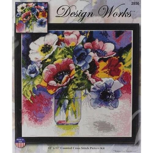 14/16/27/18/27 Gold Collection Counted Cross Stitch Kit Watercolor Anemones Anemone Purple Flower Bouquet Vase Flowers DW 2850