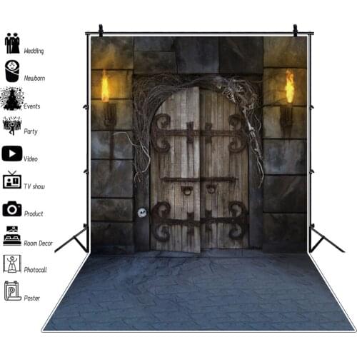 Laeacco Old Dark Wooden Door Palace Porch Torch Skeleton Floor Party Child Portrait Photo Background Photographic Backdrops